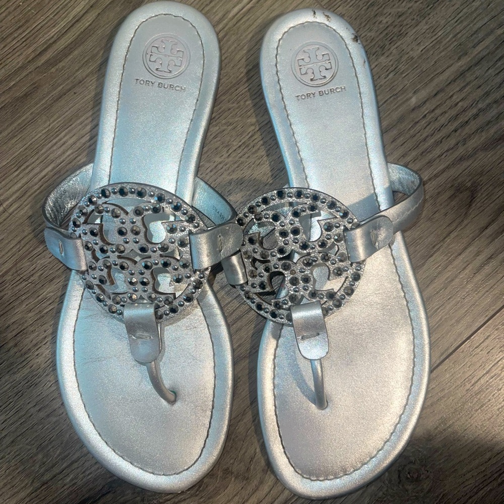 Silver Rhinestone Tory Burch Miller Sandals